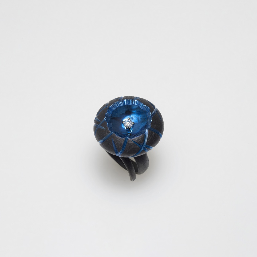 Impressive black & blue ring in titanium with diamond