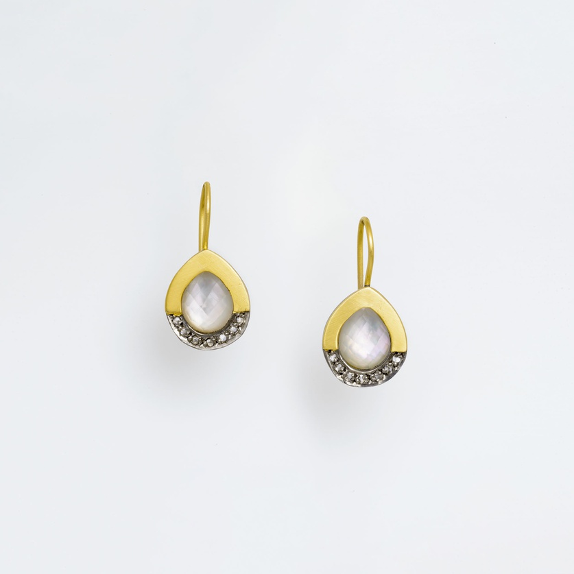 Silver and gold drop earrings with mother-of-pearl and diamonds