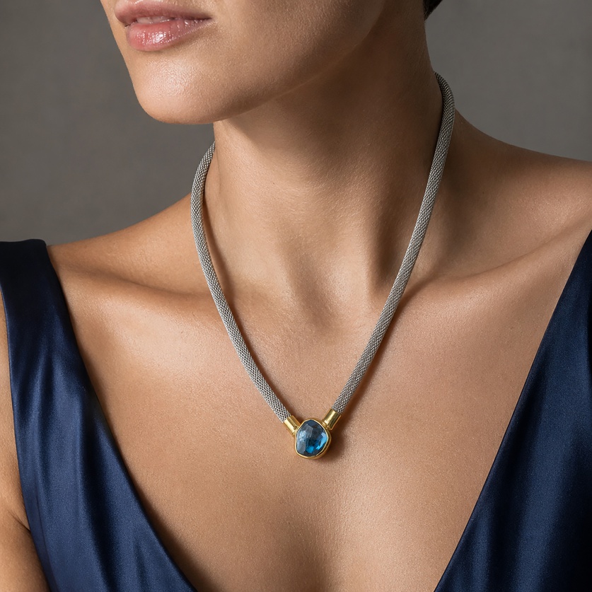 Εξαιρετικό κολιέ με μπλε topaz & πλεκτό ατσάλινο κορδόνι