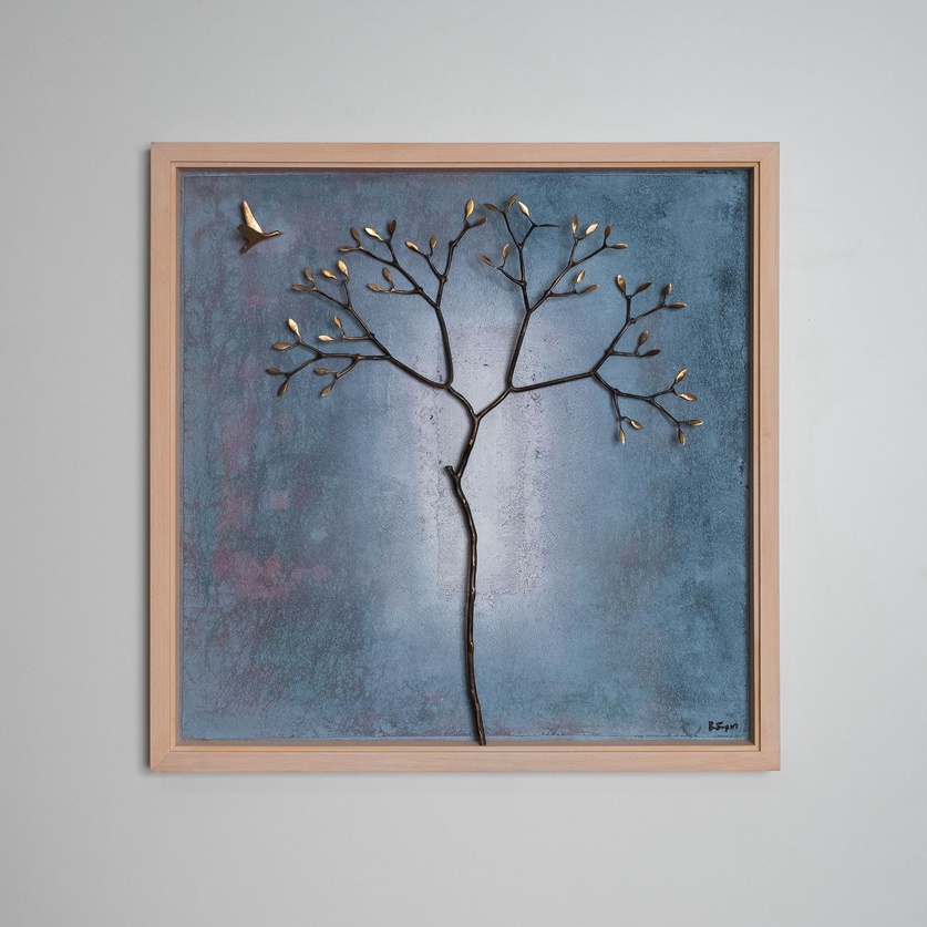 Wall piece with bronze tree in a blueish backround