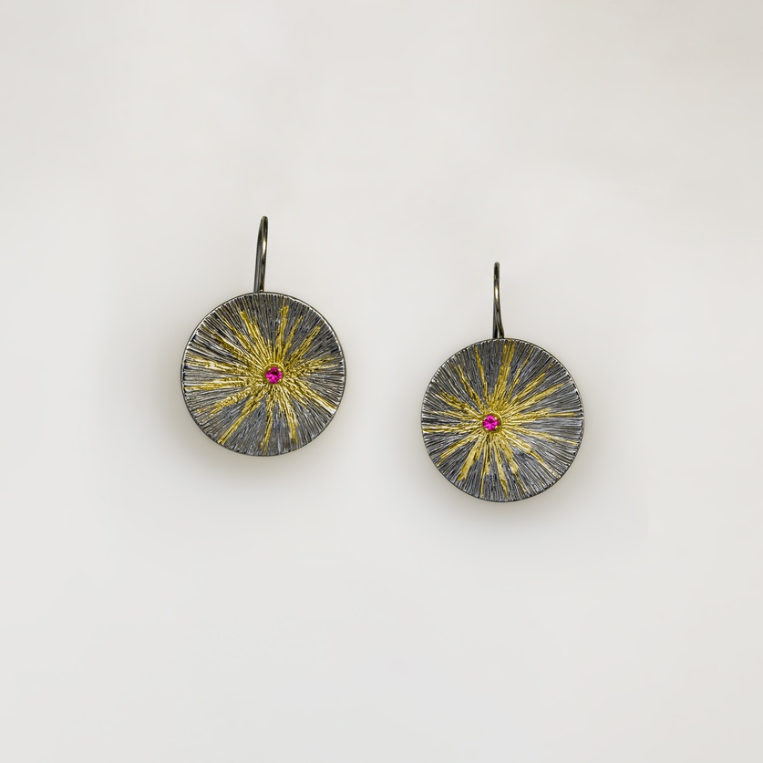 Black silver earrings with gold inlay and small rubies