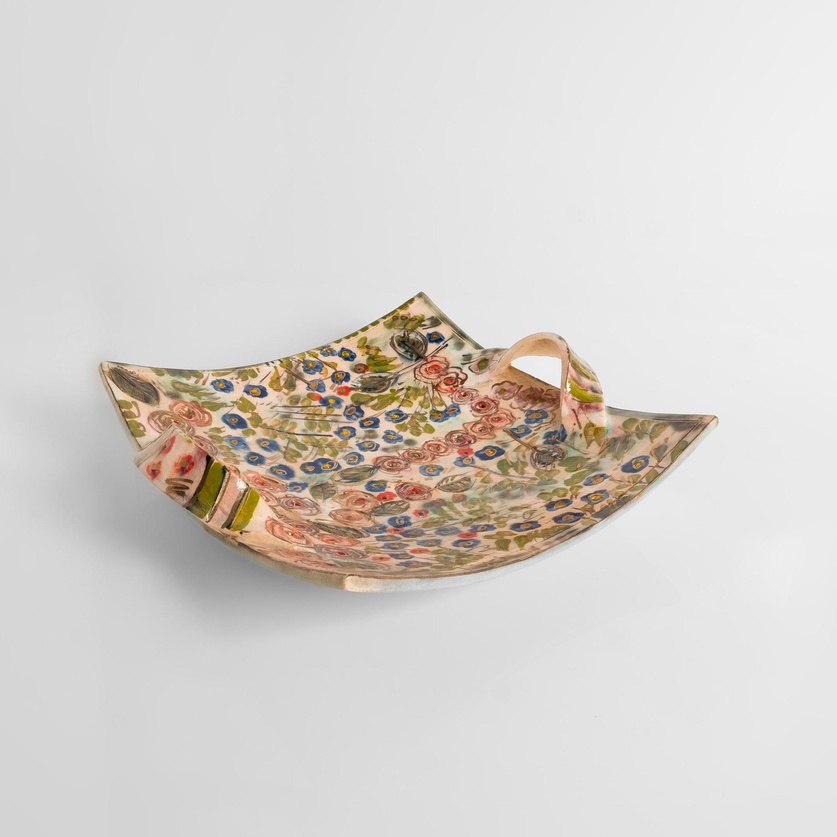 Square ceramic platter with handles and painted flowers