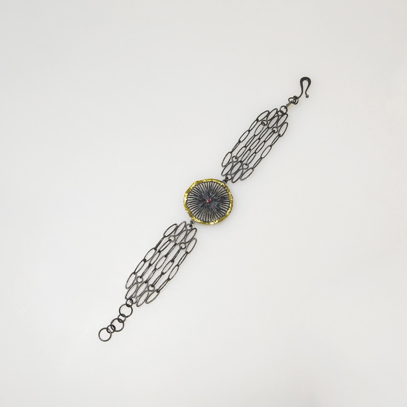 Distinctive "Watch" bracelet in silver & gold with ruby