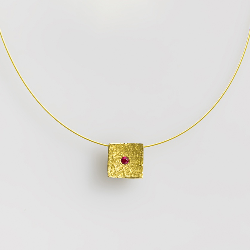 Square silver & gold necklace with ruby