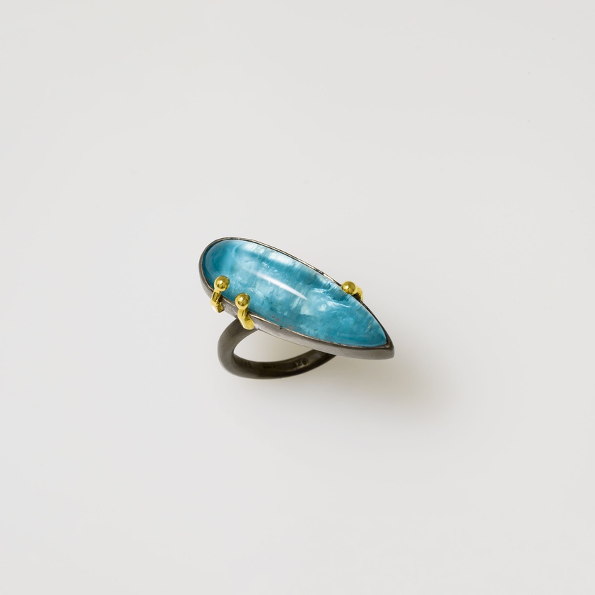 Ring "Ocean" in silver and gold with doublet aquamarine stone