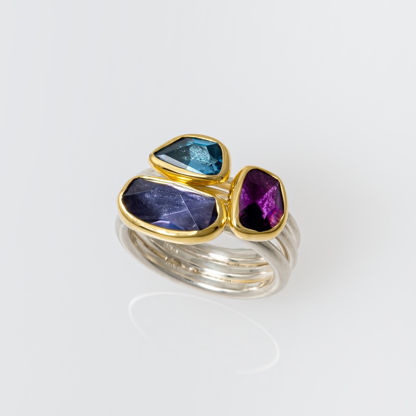 Blue topaz, amethyst & iolite silver & gold ring