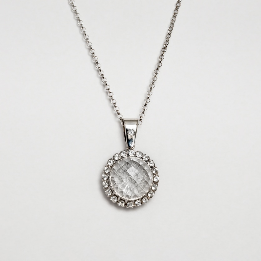 Beautiful round silver necklace with engraved quartz & topaz