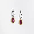 Long earrings in silver and gold with ruby/quartz doublet stones