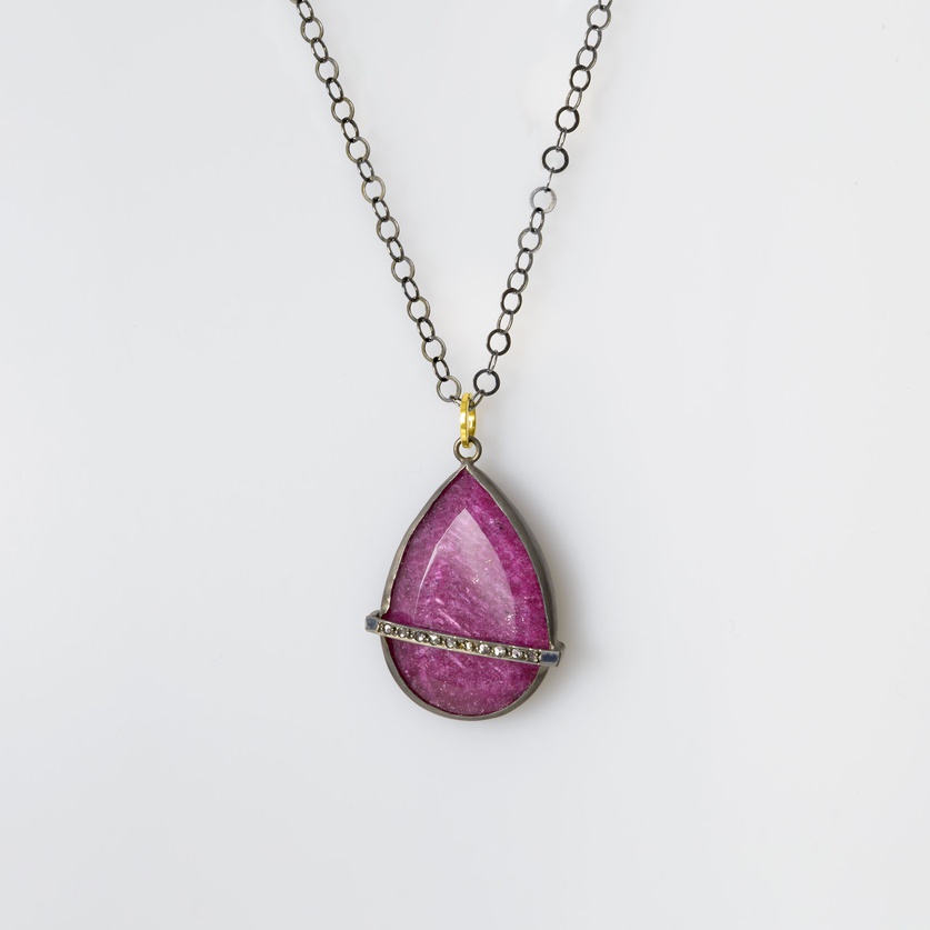 Romantic pendant in silver & gold with ruby doublet stone and diamonds