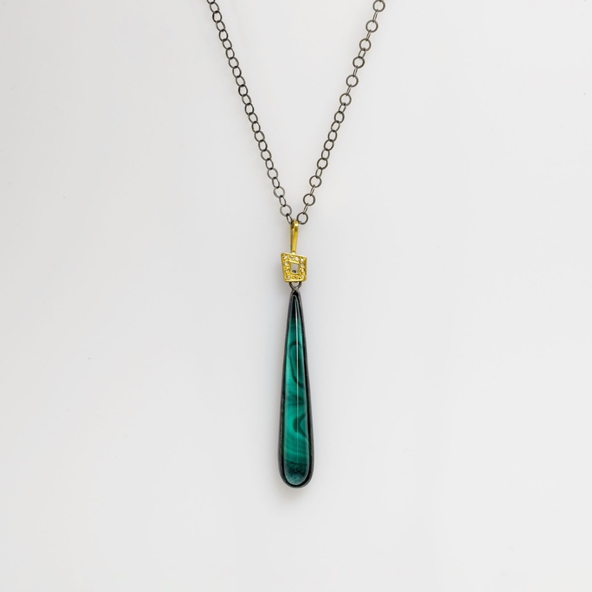 Magnificent silver and gold pendant with malachite and diamonds