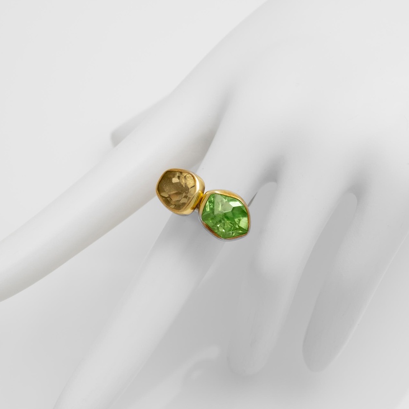 Radiant ring with peridot and yellow quartz