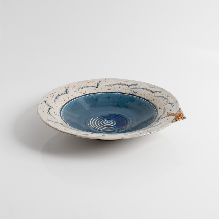 Μπλε κεραμική πιατέλα με πουλάκι