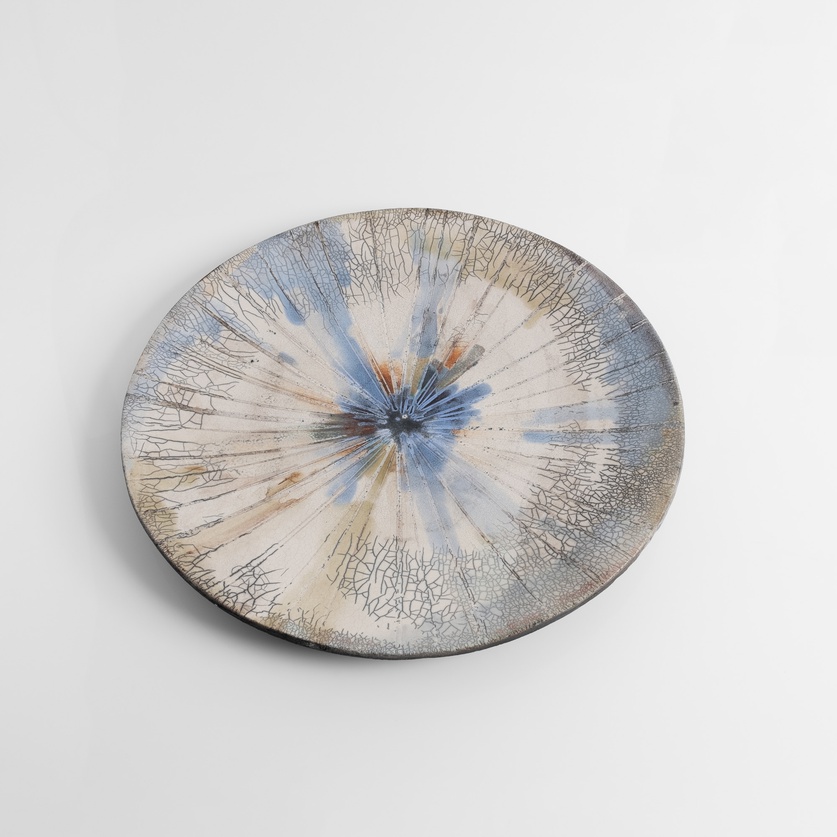 Round platter with blue and greenish colors