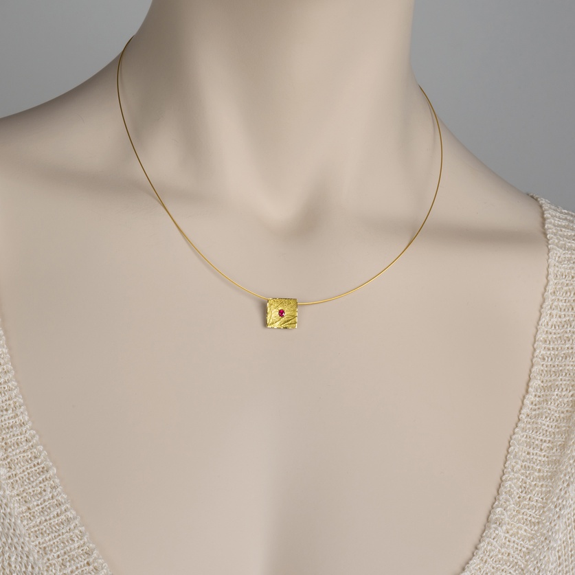 Square silver & gold necklace with ruby