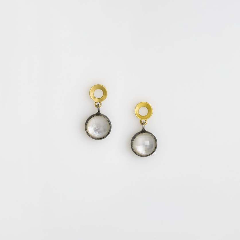 Classical design silver & gold earrings with mother-of-pearl doublet stone