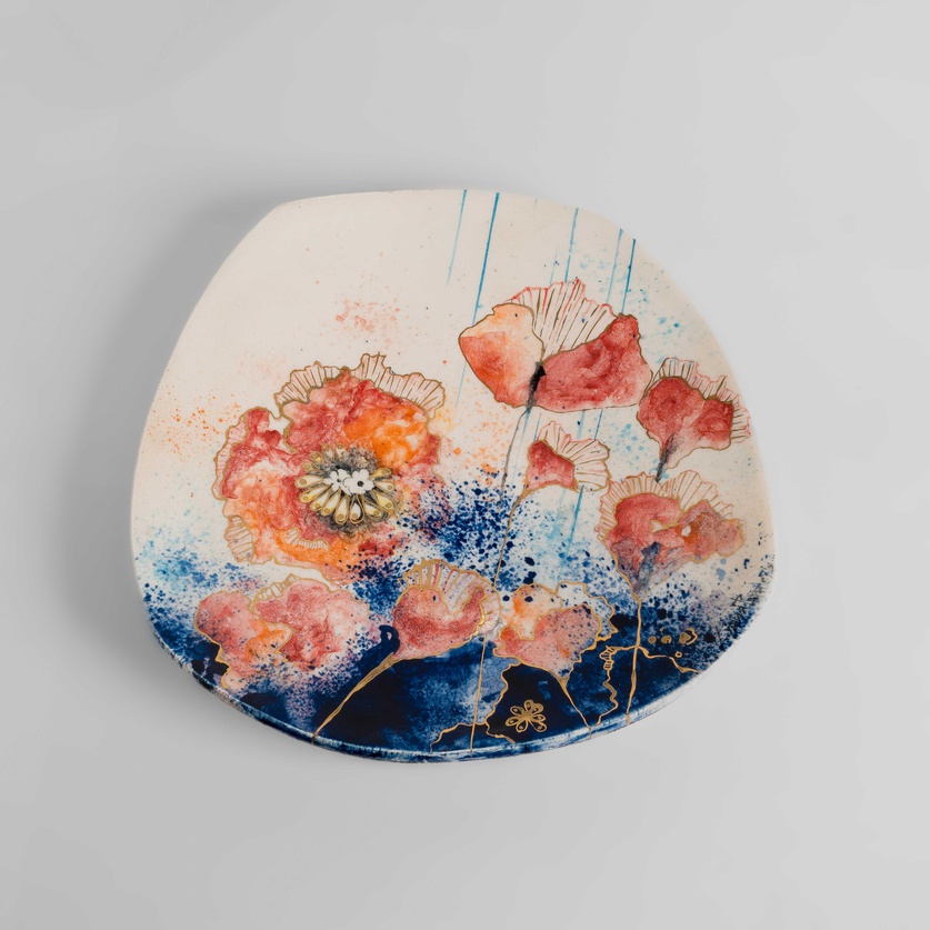 Stoneware ceramic platter with poppies