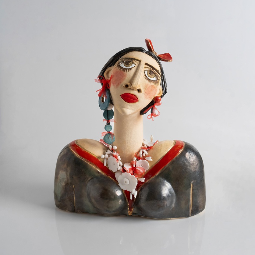 Modern woman's bust with impressive accessories