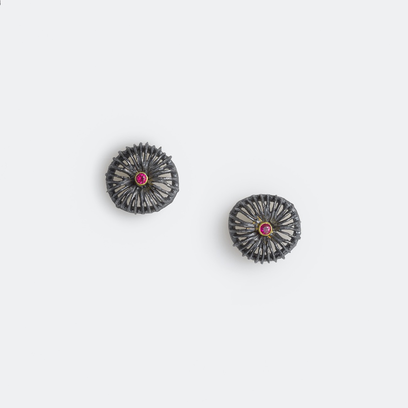 Earrings "Sea Urchins" in silver, gold inlay and rubies