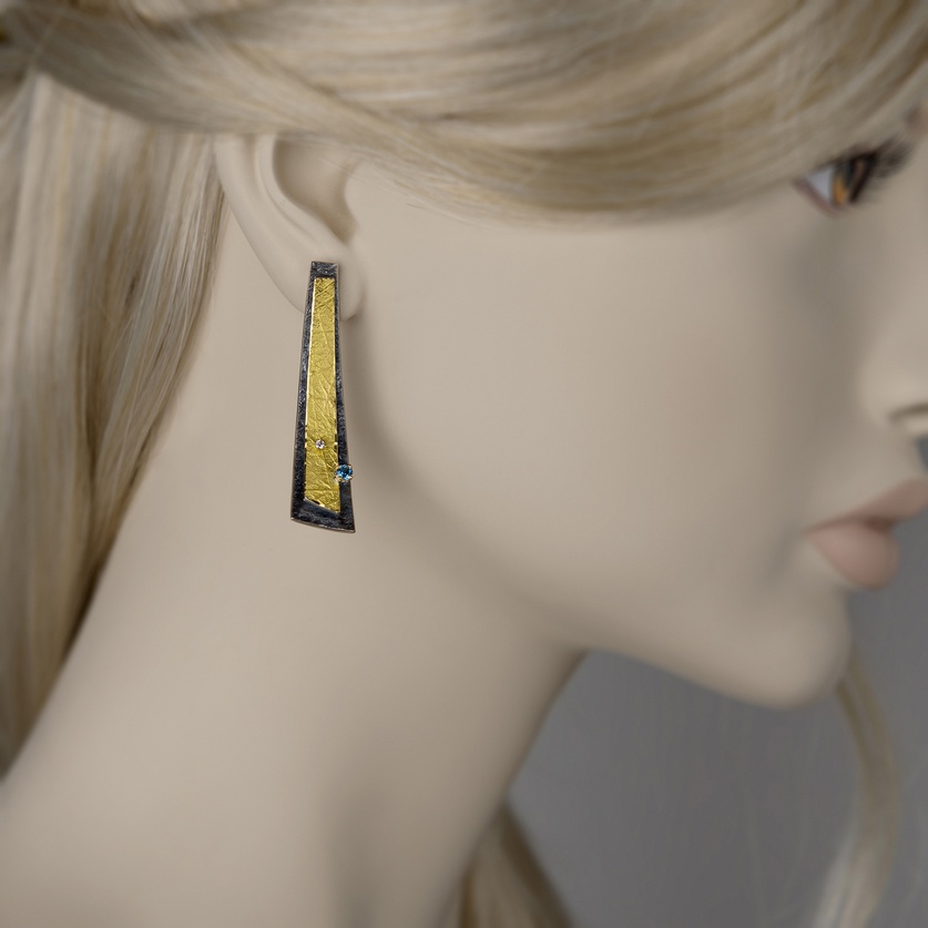 Long earrings in silver and gold with aquamarines and diamonds