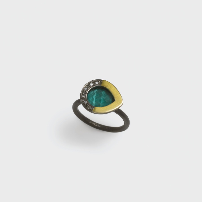 Silver and gold ring with malachite and diamonds