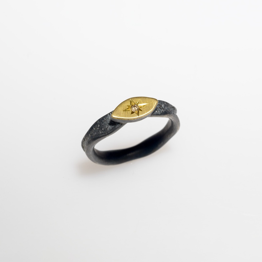 Silver and gold ring with brown diamond